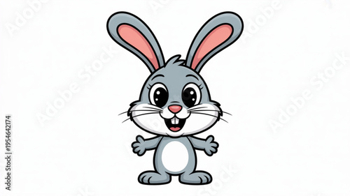 A cheerful gray cartoon rabbit with pink inner ears and white face standing on two legs with arms outstretched on a white background