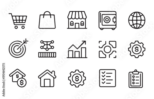 Comprehensive set of business and e-commerce icons for shopping, finance, and global markets