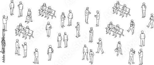 Minimal outline people social scene with standing and sitting characters, crowd collection of modern public space illustrations, vector clipart for urban life