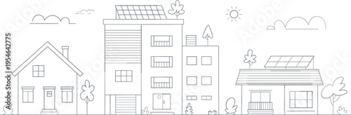 Minimal suburban houses with solar panels, eco friendly neighborhood, hand drawn architecture line art, modern homes, trees, clouds, sun, vector illustration