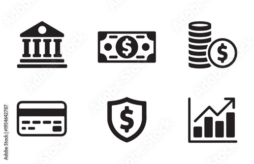 Financial services icons including bank building cash notes coins plus credit card and growth trend graphics