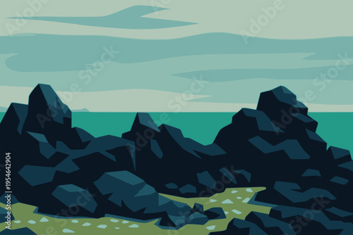 beautiful rocky shore beach with volcanic rock nature view landscape background flat color vector illustration template design