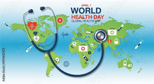World health day global health awareness campaign with stethoscope on world map background