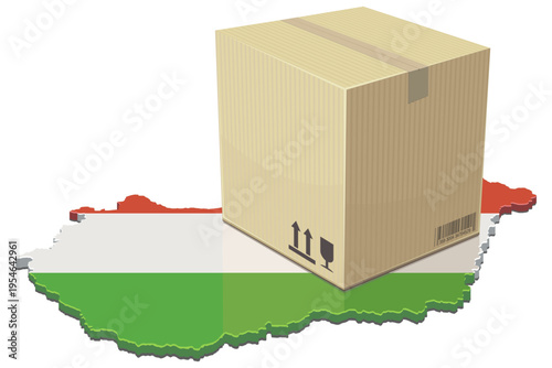 Cardboard parcel box on a 3D map of Hungary representing national shipping, e-commerce supply chain, and global trade logistics (cut out)