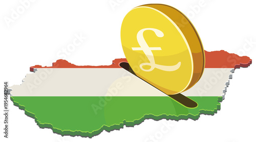 Gold British Pound coin entering a slot in the map of Hungary representing foreign investment, national savings, and international banking (cut out)