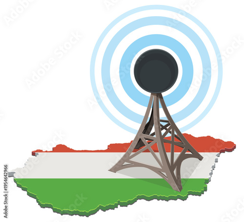 Map of Hungary with a broadcasting tower symbolizing national radio, cellular signals, and wireless communication infrastructure (cut out)