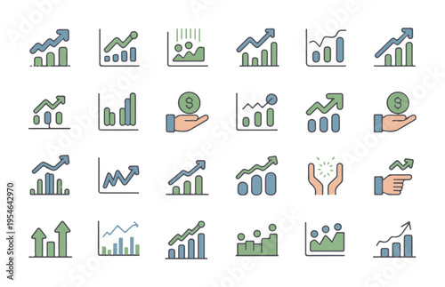 Collection of colorful icons representing growth finance and business success with upward trends charts and money symbols on white