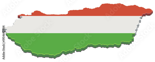 Isometric 3D map of Hungary decorated with the national red, white, and green flag colors, representing Hungarian geography and national identity (cut out)