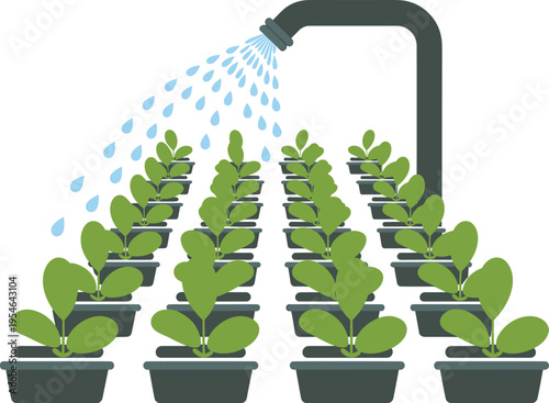 Plant watering system illustration, irrigation shower watering potted plants, gardening care concept, sustainable agriculture, green growth vector isolated design