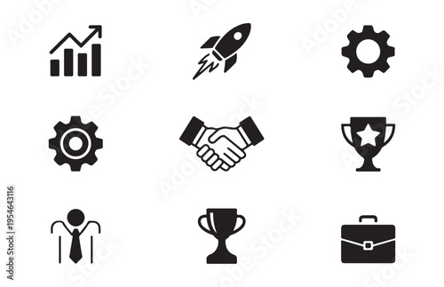 Startup growth icons set featuring business rocket ship trophy cup handshake and gear symbols for marketing