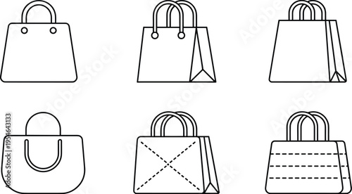 Shopping bag outline icon set, retail tote bags, paper carrier packages, fashion store symbols, eco friendly shopping, packaging collection, vector illustration