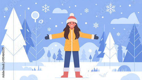 Woman in yellow coat enjoying winter snow with arms outstretched in a snowy forest landscape with pine trees and snowfall