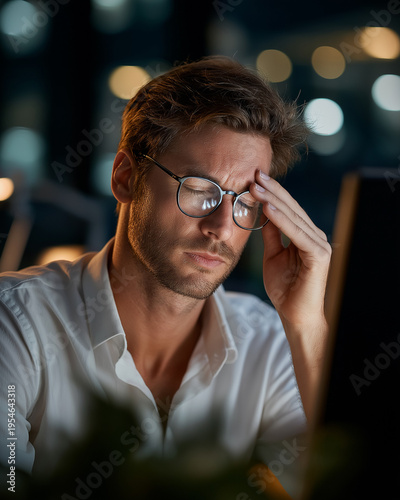 Overwhelmed at Work: A close-up shot captures a man amidst the stillness of a late night, his face etched with strain, reflecting the pressures of his professional life.
