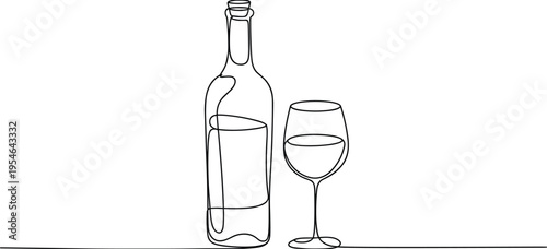 Wine bottle and glass line art illustration, elegant alcohol drink concept, minimal beverage outline, bar menu vector isolated design