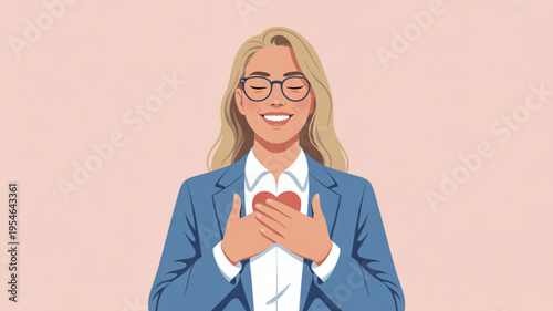 Smiling businesswoman in blue suit holding heart on pink background conveying love and care