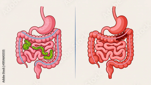 Human digestive system with and without bacteria in intestines stomach