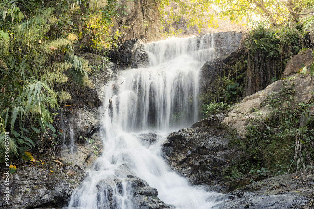 Fototapeta premium Beautiful serene waterfall flowing over dark rock in lush green forest landscape creating peaceful nature scene with clear water stream cascading through tropical foliage natural environment