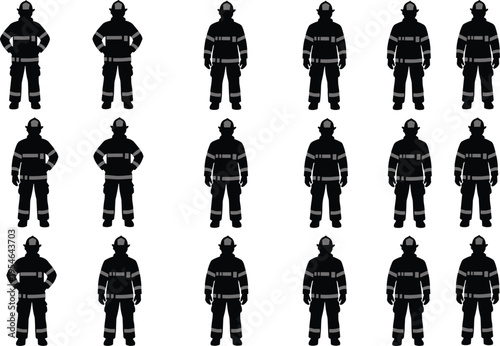 Firefighter silhouette icon set, emergency rescue worker uniform, fire safety illustration, protective gear, first responder collection, isolated vector design