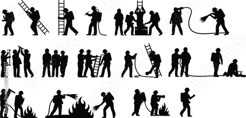 Firefighter Silhouette Collection with Ladders, Hoses and Rescue Equipment, Emergency Response and Fire Safety Illustration Set for Training Design
