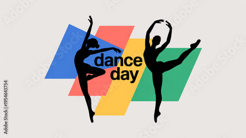 Two ballet dancers in dynamic poses on colorful geometric shapes celebrating dance day with movement and art