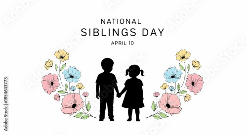 National sibling day illustration with silhouettes of a boy and girl holding hands surrounded by colorful flowers on white background