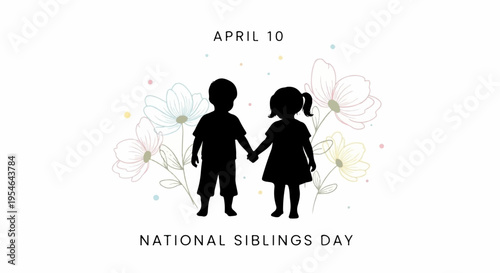 National siblings day silhouette illustration of two children holding hands with floral background