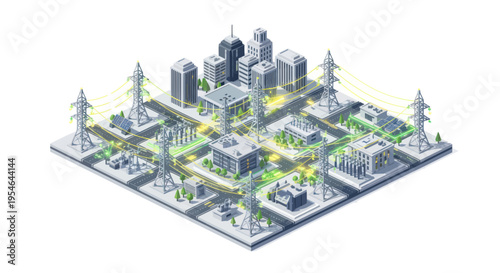 Smart City Energy Grid: Isometric View of Urban Power Distribution Network