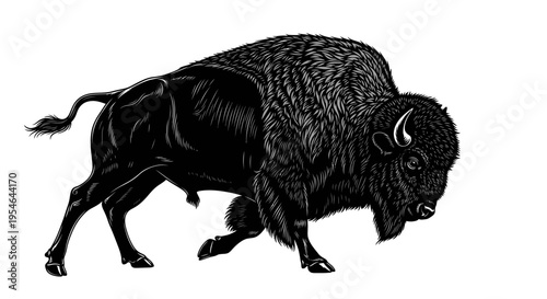 Bison Illustration, American Buffalo, Wildlife Animal, Vintage Engraving Style