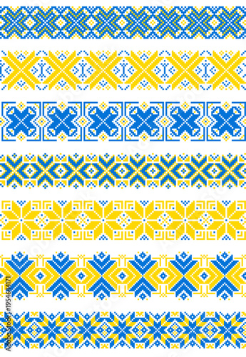 Ukrainian embroidery seamless pattern set, blue and yellow cross stitch geometric vector ornament isolated on white, Vyshyvanka Day 