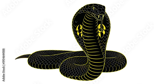 Black Cobra Snake Illustration Isolated on White Background, Dangerous Reptile