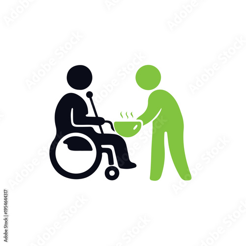 Caregiver Helping Disabled Person in Wheelchair – Social Care Support Vector Icon Illustration