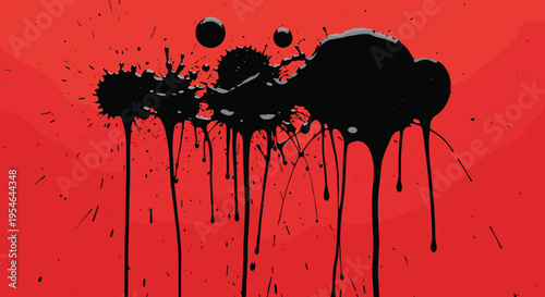 Black paint splatters on red background.
