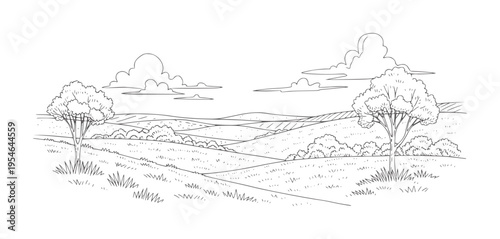 Black and white of rolling hills with trees and clouds