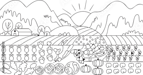 Black and white line art illustration of a peaceful farm landscape sce