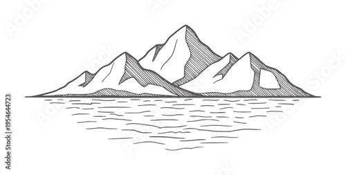 Hand drawn of jagged mountain peaks reflected in water reflection