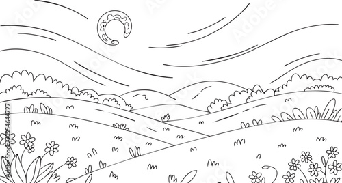 Black and white line art illustration of a peaceful rolling countrysid