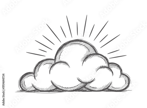 Hand drawn of sun rays emerging from a fluffy cloud monochrome grey