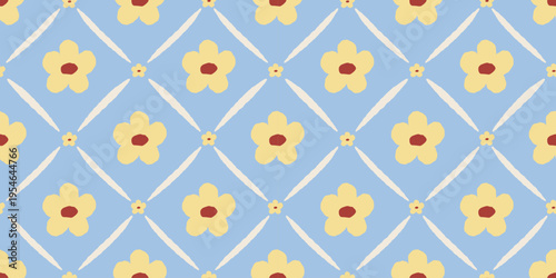 Vector hand drawn seamless pattern in simple doodle sketchy floral wavy and groovy naive style, dopamine and cottage core aesthetic, delicate gentle girlie backgrounds with flowers