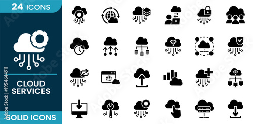 Cloud services icon set. Cloud computing, data storage, network system, cloud security, file sharing, data transfer, server infrastructure, digital technology, hosting service and more. Solid vector