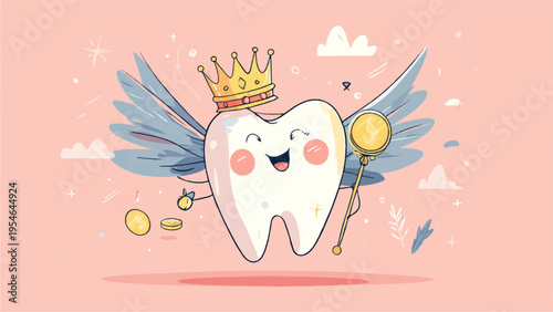 Cartoon tooth character with crown and wings vector