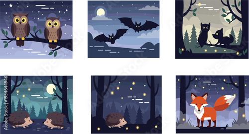 Night Forest Wildlife Scenes Collection Featuring Owl Bats Fox and Hedgehog in Moonlit Landscape with Fireflies and Dark Nature Atmosphere Flat Vector Illustration