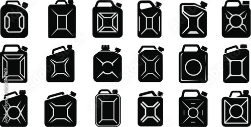 Fuel canister silhouette collection isolated on white background, gasoline jerrycan container industrial vector icon set