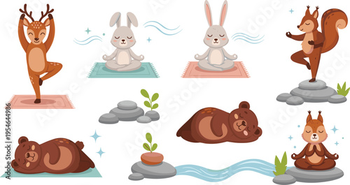 Cute Forest Animals Yoga and Meditation Set Featuring Deer Rabbits Bear and Squirrel Practicing Relaxation Balance and Wellness in Nature Flat Vector Illustration
