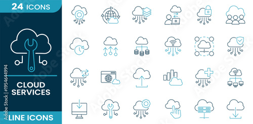 Cloud services icon set. Cloud computing, data storage, network system, cloud security, file sharing, data transfer, server infrastructure, digital technology, hosting service and more. Line vector