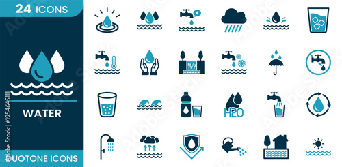 Water icon set. Clean water, drinking water, hydration, liquid drop, water supply, sanitation system, rainfall, irrigation, water conservation and more. Duotone vector icons collection.