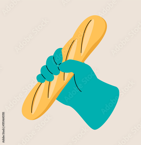 Hand holding baguette. Bakery pastry products. Colorful vector illustration