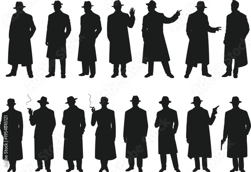 Gangster detective silhouettes collection, vintage noir men in trench coat and hat isolated on white