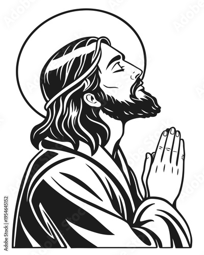 A black-and-white vector illustration of Jesus Christ in a profile view, depicted in a moment of prayer.