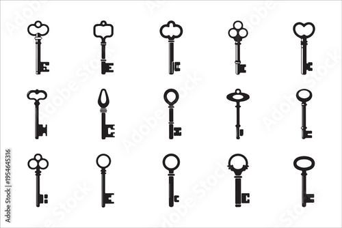 Assortment of antique and vintage key icons representing access solutions unlocking opportunities and historical mechanisms