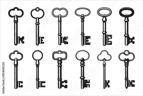 Vintage skeleton key vector icons set with ornate decorative heads and classical antique metal shapes design